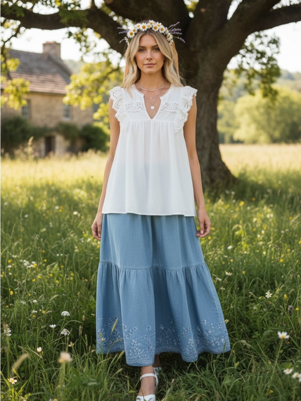 BiBi White Eyelet Ruffle Sleeve Tank Top